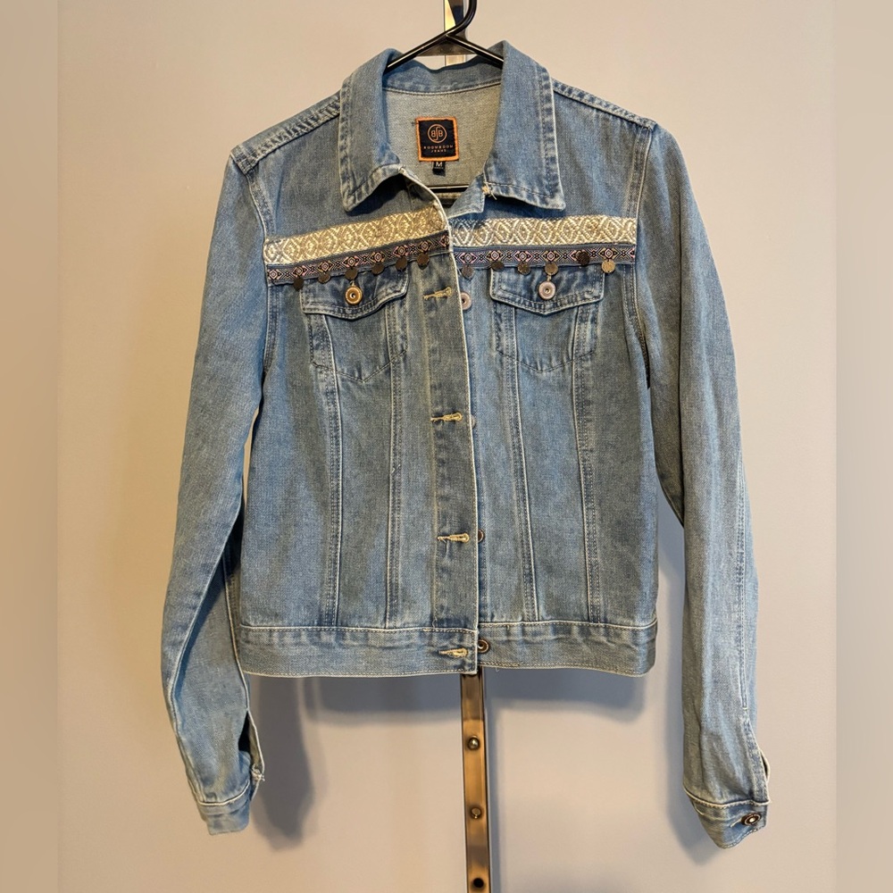Boom Boom  Jeans Woman Boho Aztec Denim Jacket Embroidery Size Medium